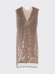 AJOUR - RELAXED SEQUIN TUNIC DRESS WITH PLEATED HEM NUDE
