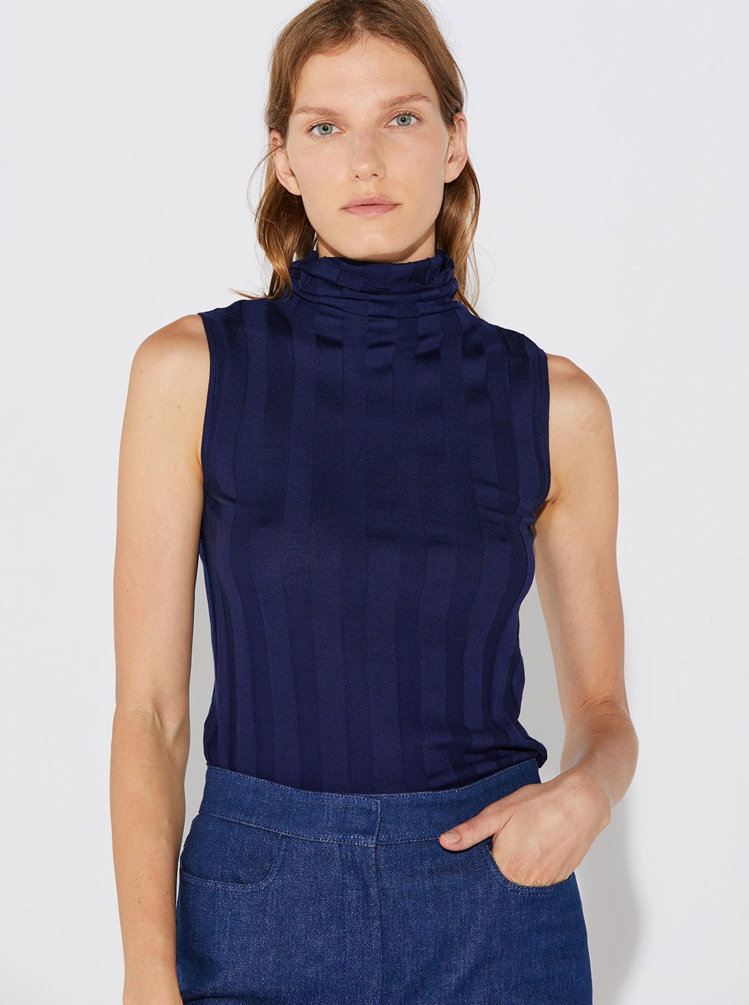 ROMY Sleeveless Turtleneck in Navy - Main Image