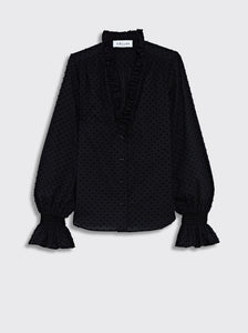 SADE - RUFFLED NECKLINE BUTTON FRONT BLOUSE BLACK