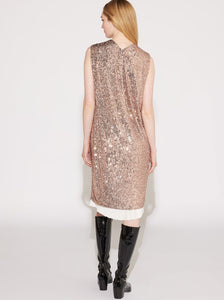 AJOUR - RELAXED SEQUIN TUNIC DRESS WITH PLEATED HEM NUDE